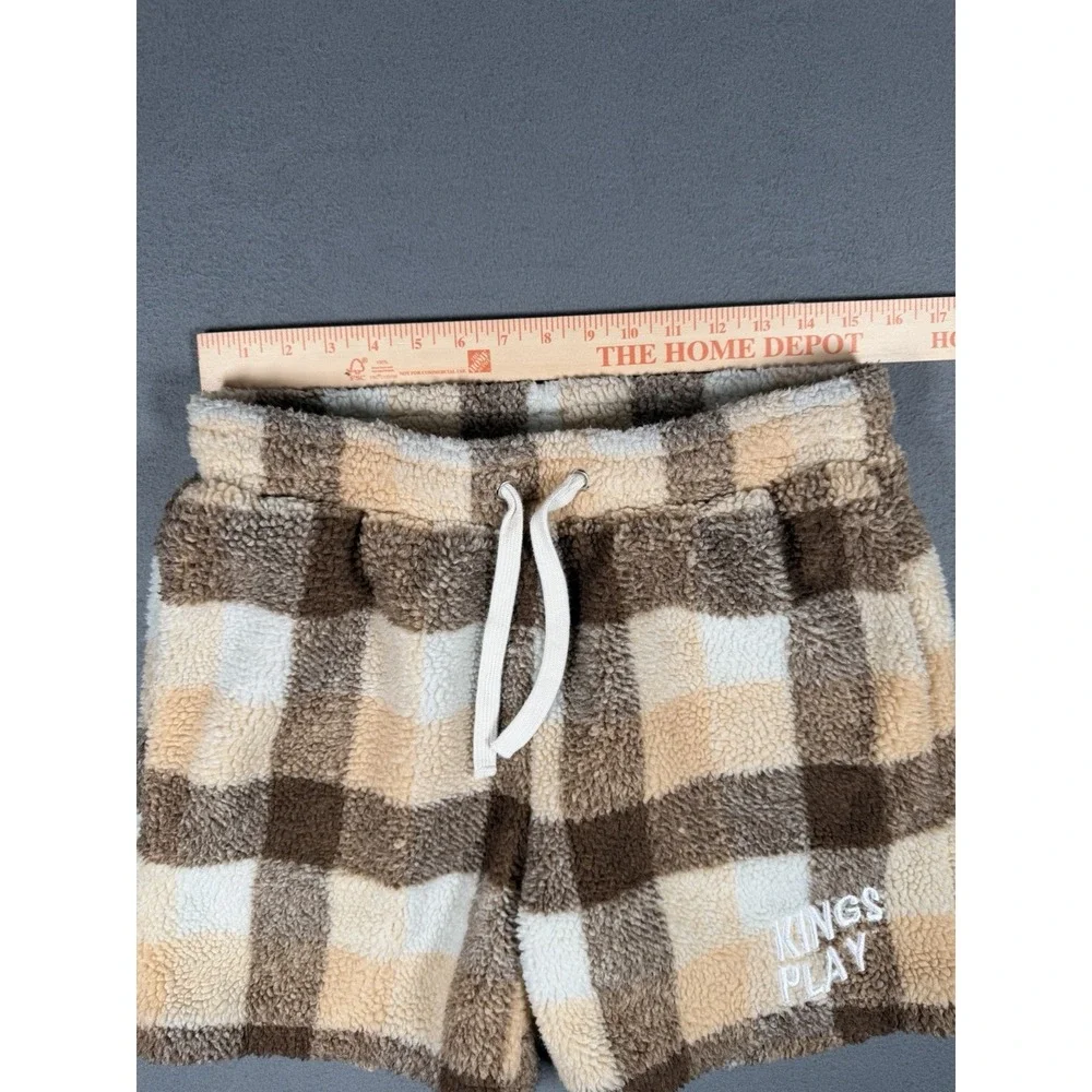 Kings Play Cozy Fleece Sherpa Shorts Plaid Checkered Brown Cream Drawstring M